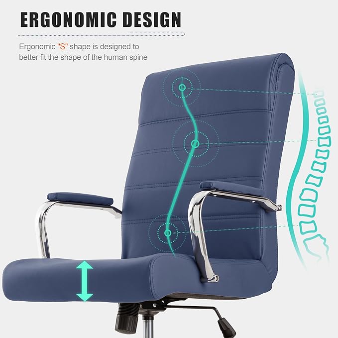 BOWTHY Modern Office Desk Chair, Conference Room Chairs, High Back Ergonomic Home ofiice Chair, Adjustable Height Swivel Executive Computer Chair with Padded Seat and Armrest (Blue)