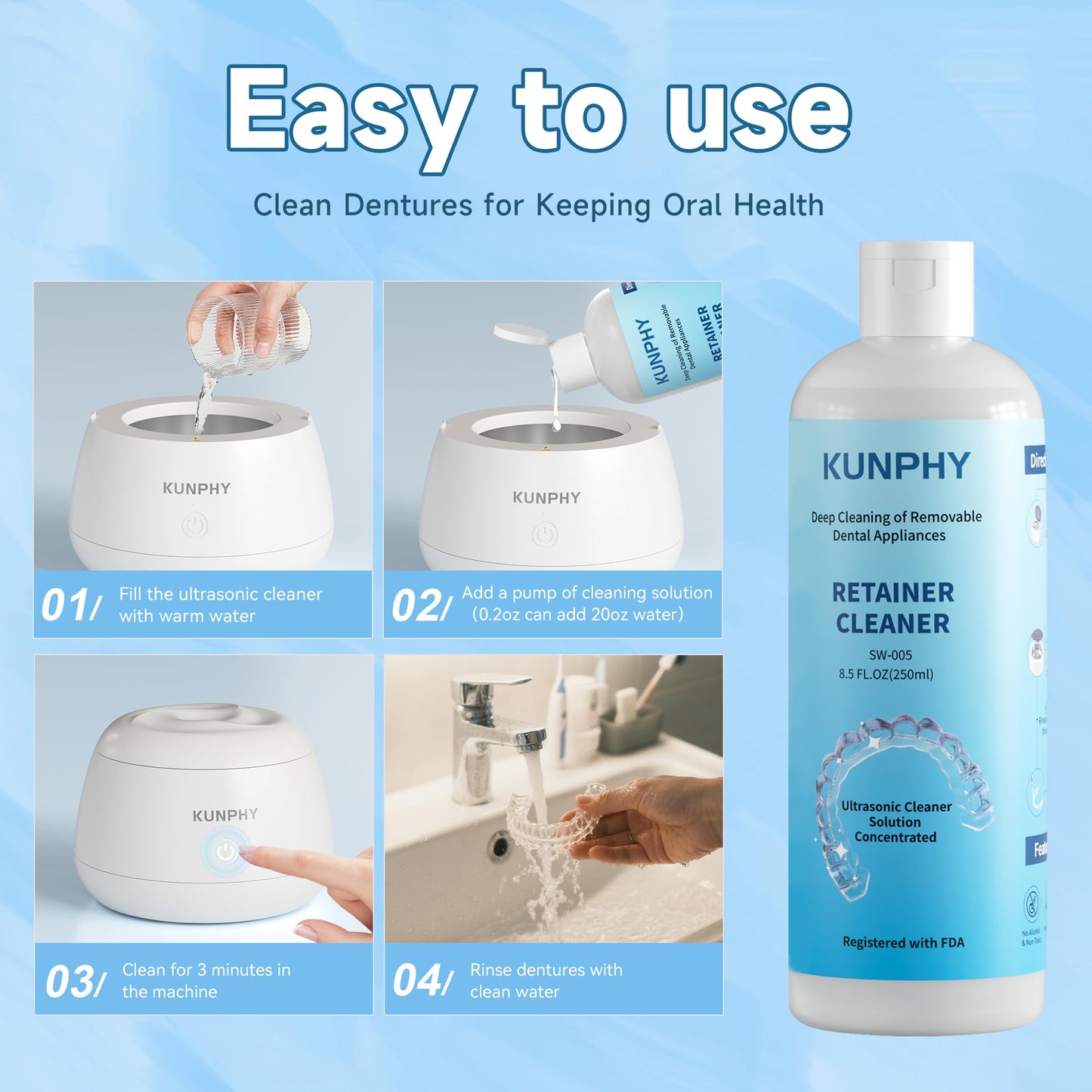 2 Pack Ultrasonic Retainer Cleaner Solution for Sonic Denture Cleaner-Professional Cleaning of Retainers, Invisible Aligners, Mouth Guards, Night Guards, Remove Odors, Discoloration & Stains 8.5oz