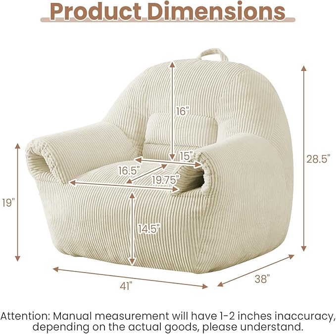 Peace nest Bean Bag Chair with Memory Foam Filled Ultra Soft Corduroy Cover for Adults Comfy Fur Bean Bag Chairs with Armrests for Bedroom Living Room Office Dorm Reading Beige