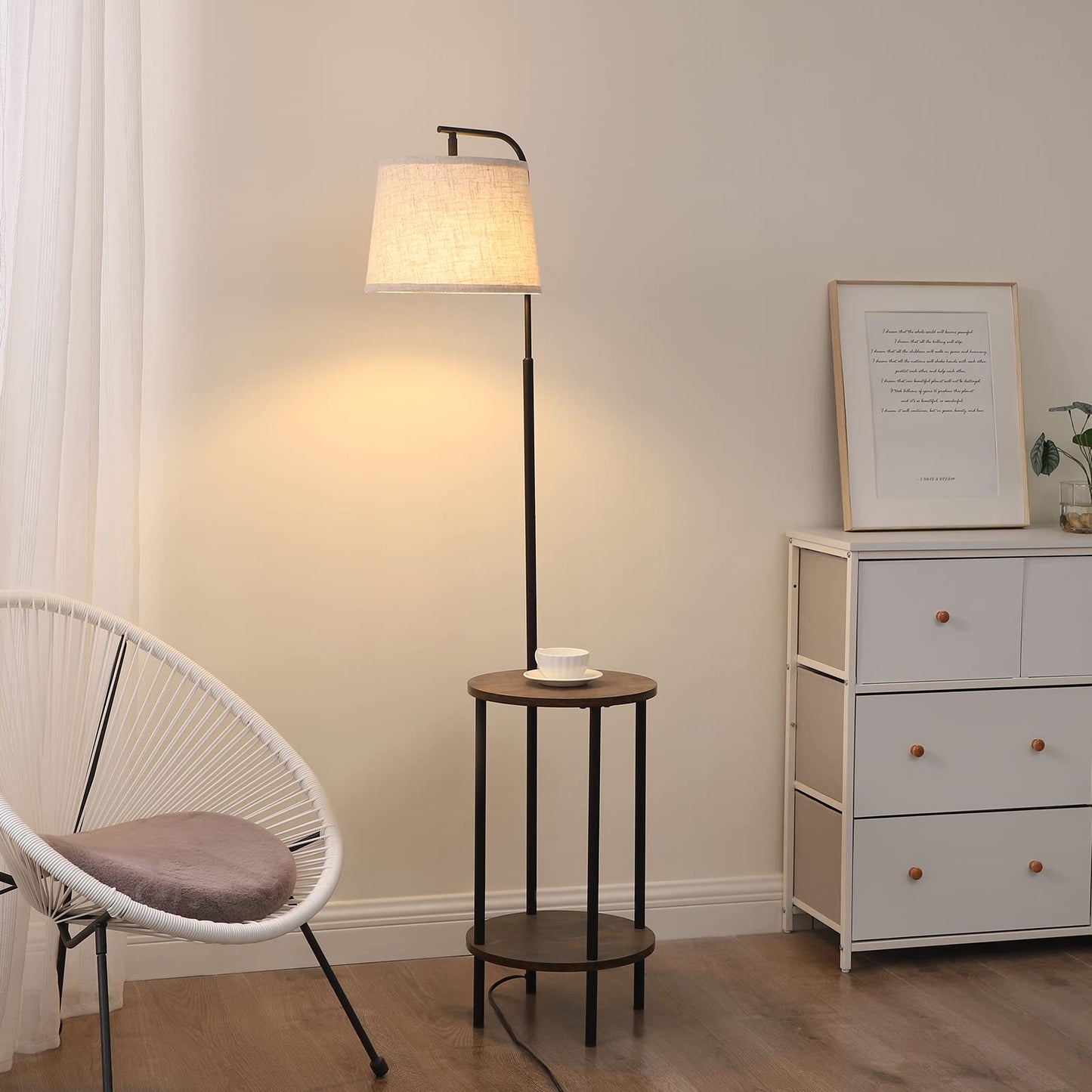 DEWENWILS Floor Lamp with Table Attached, Farmhouse Narrow Nightstand, Wooden End Side Table Floor Lamp, Adjustable Reading Lamp for Bedroom, Living Room, Office, Kids Room