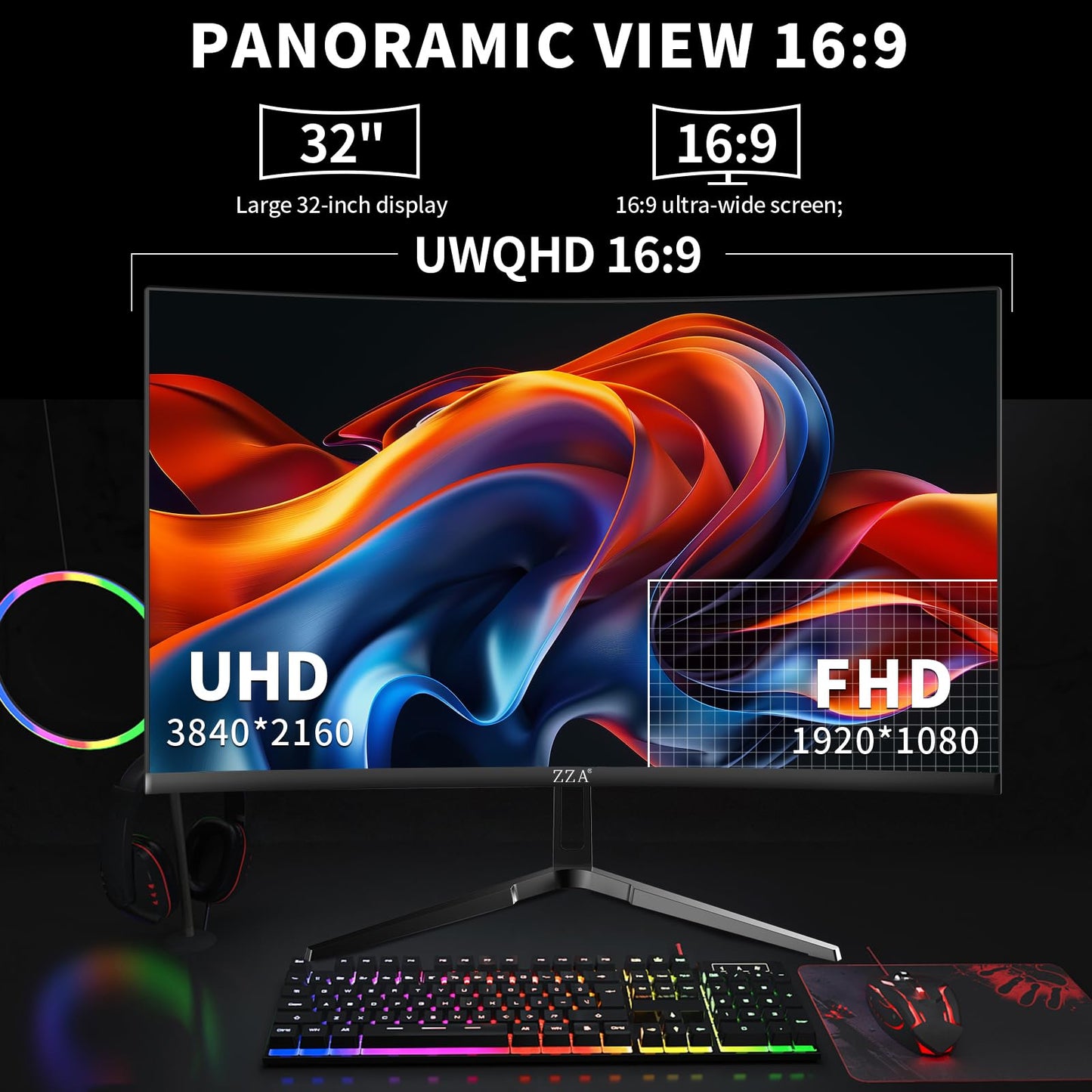 ZZA 32 Inch Curved Gaming Monitor 4K 160HZ Computer Monitor UHD 3840 * 2160P VA Screen, 1500R Curved, Supports AMD Freesync, 100% sRGB, Built-in Wall Mountable Installs(HDMI 2.1/DP 1.4)