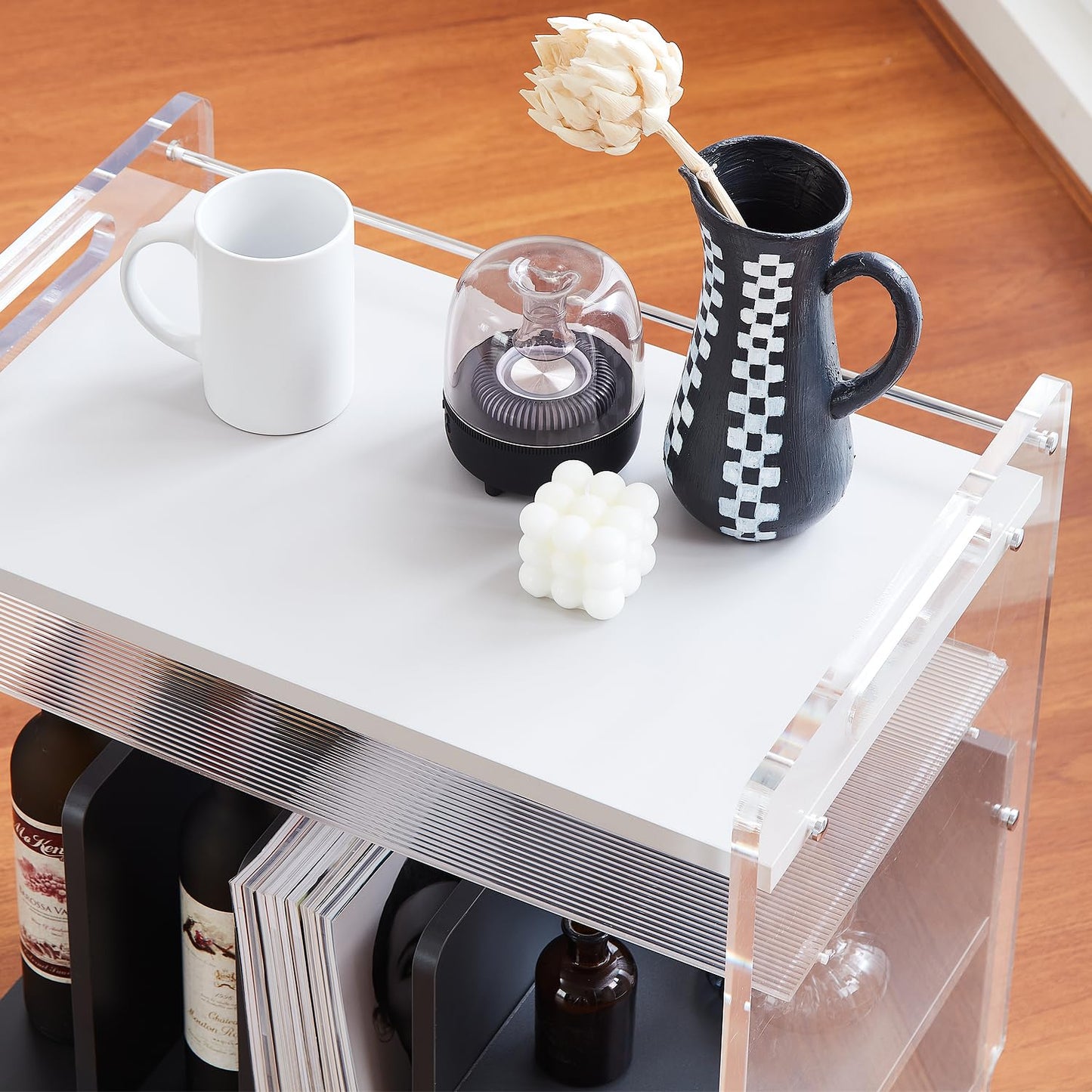 mollveesen Acrylic Record Player Stand，Vinyl Storage Holder Cabinet with Wheels，Large Turntable Stand with Shelf,Coffe Table Movable End Table Nightstand Stereo Cabinet for Living Room Bedroom Office