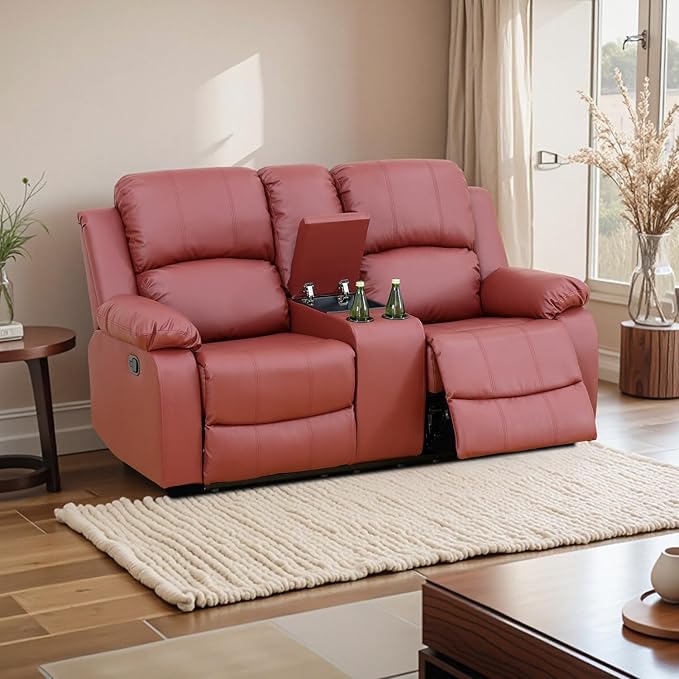 Caberryne Leather Recliner Sofa，Reclining Sofa Set for Living Room Furniture Sets，Red Double Recliner Loveseat for Living Room/Office/Theater Seating/Rv(2 Seater Couch)