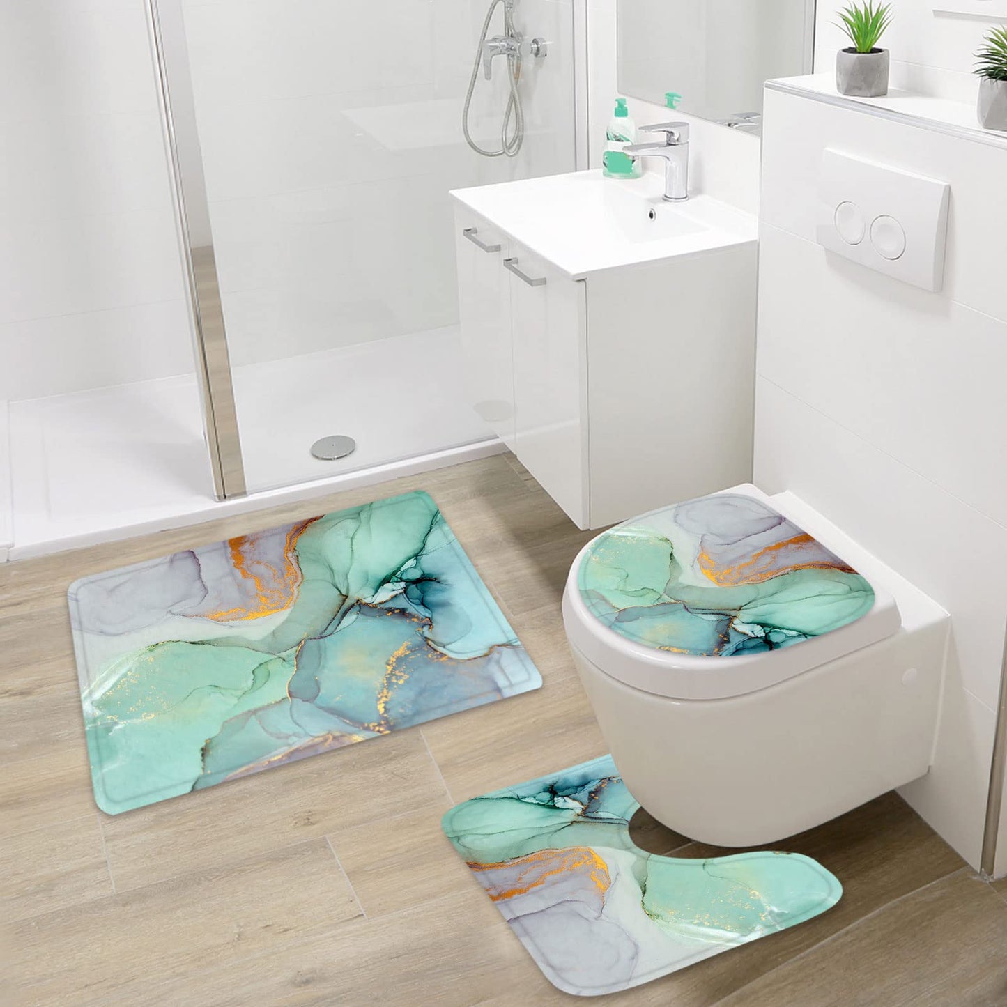 Gibelle 4 Pcs Shower Curtain Set with Non-Slip Rugs Toilet Lid Cover and Bath Mat, Green Marble Bathroom Decor Set with Accessories