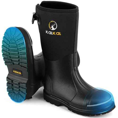 Kalkal Steel Toe Rubber Boots for Men - Waterproof Anti Slip Work Boots 6mm Neoprene Rain Boot Durable Hunting Boots with Steel Shank for Farming Gardening Construction Outdoor Work Black Size 9