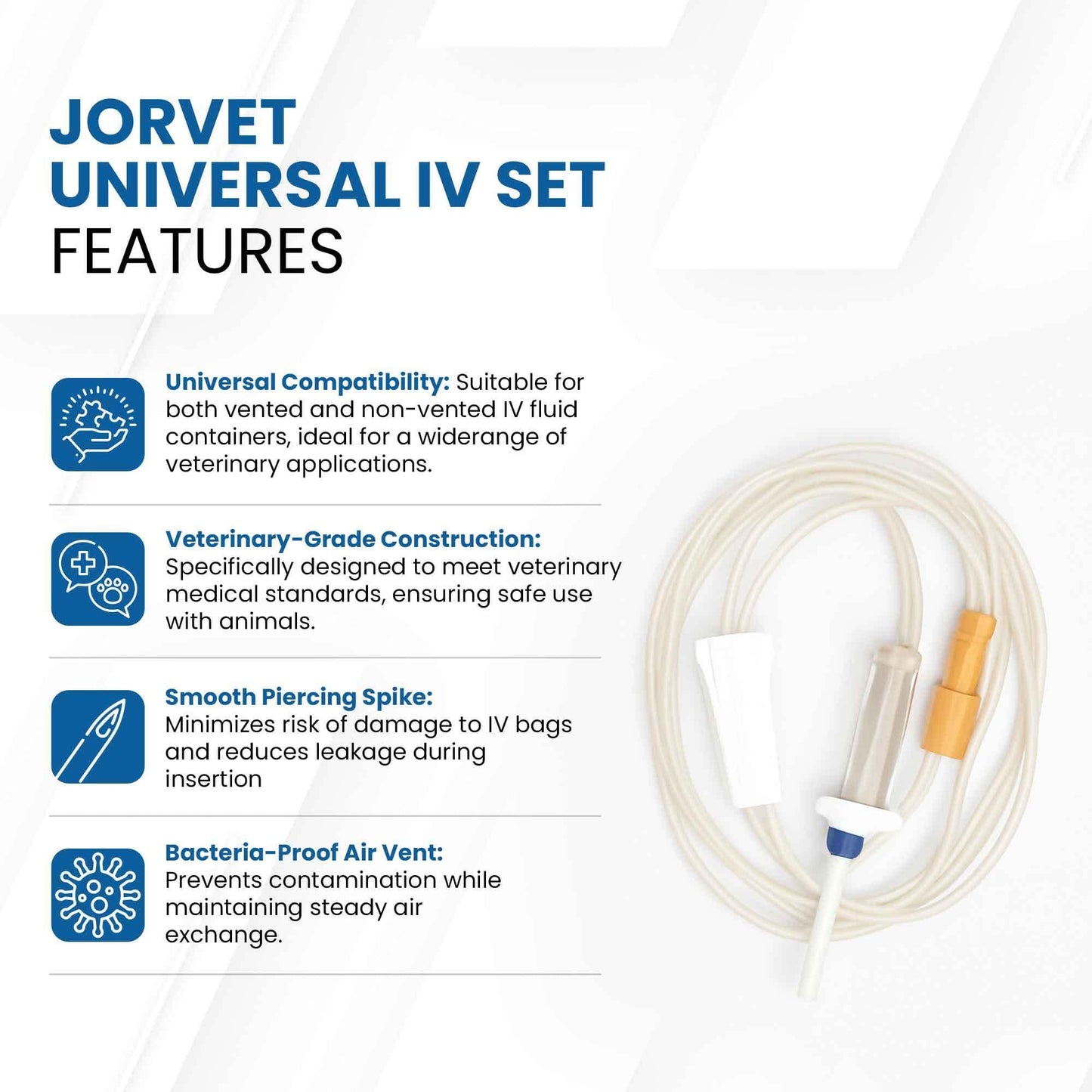 JorVet Universal IV Set | Veterinary-Grade Infusion Set with 72" Soft Tubing, Luer Connector, Roller Clamp & Bacteria-Proof Air Vent for Safe & Precise Fluid Delivery | Vented & Non-Vented Single-Use