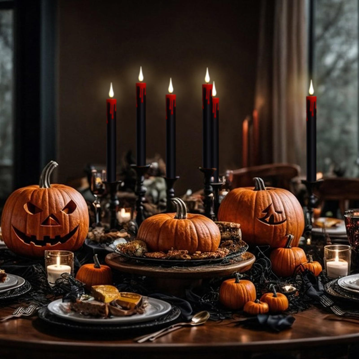 KunSwenn Halloween Black Flameless Taper Candles with Remote Timer, 4 Pcs Red Drip Wax LED Candlesticks with 3D Flickering Flame for Home Fall Indoor Halloween Decor(0.78 x 8.9 Inches)