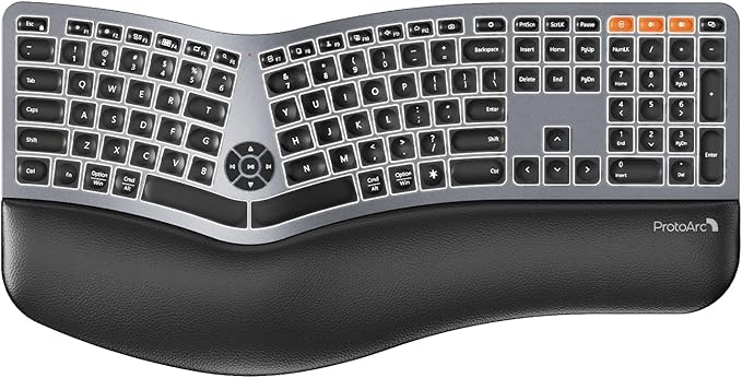 Backlit Bluetooth Ergonomic Keyboard, ProtoArc EK01 Plus Full Size Wireless Split Keyboard with Dual Bluetooth and USB, Cu...