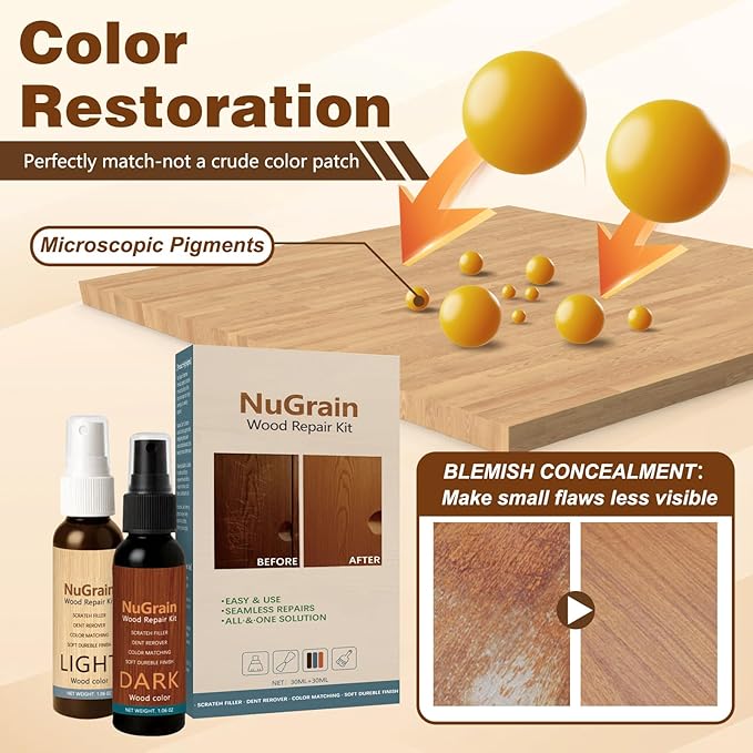 NuGrain Wood Repair Kit, Professional Wood Floor Scratch Repair,Easy-Fix Wood Furniture Repair- Restores Wood Scratch, Covers Nicks, Hides Minor Defects, Restore a Finish for Wood