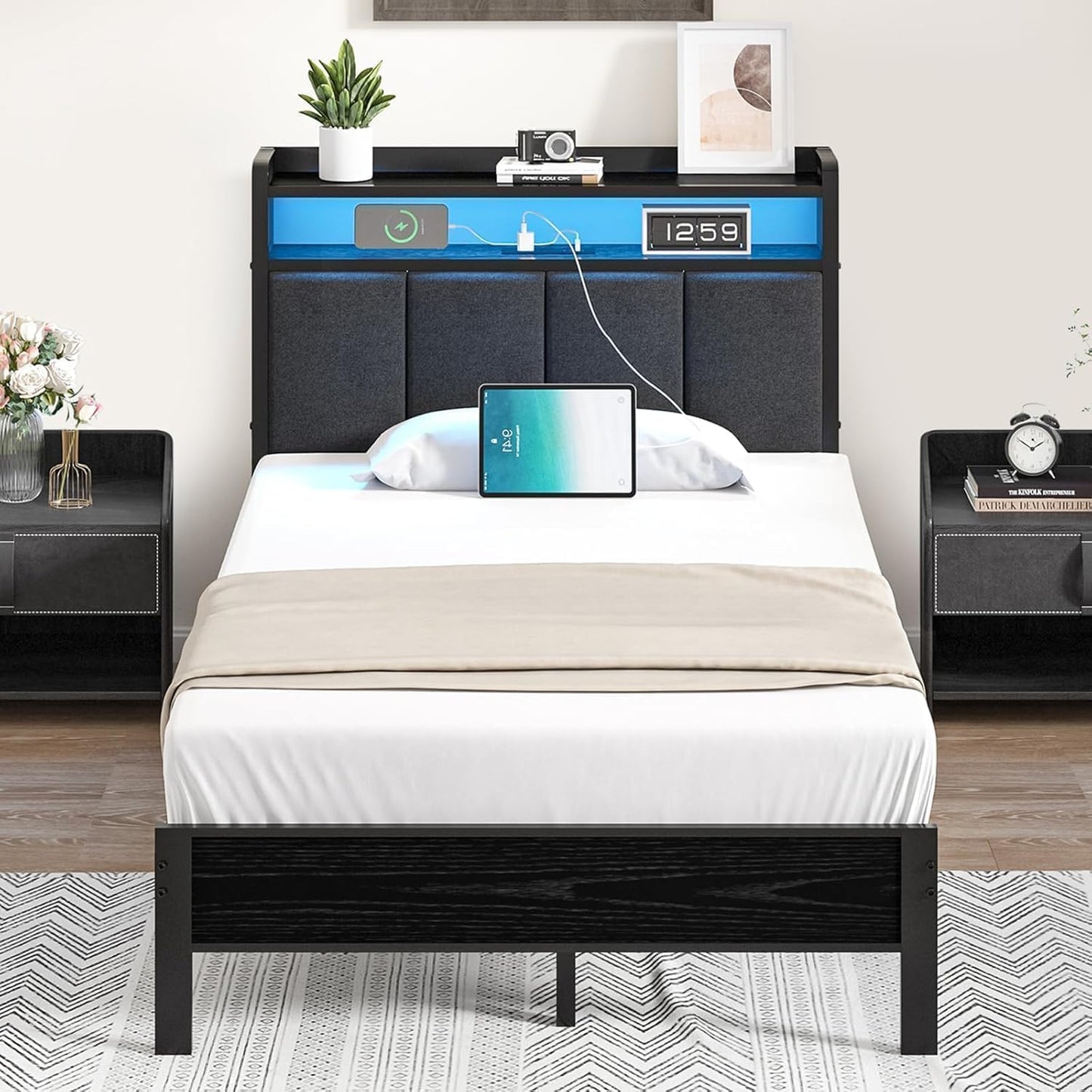 Twin Size Bed Frames with LED Lights and Storage, Metal Platform Bed Twin with Upholstered Headboard and Charging Station, Heavy Duty Metal Slats, No Box Spring Needed, Easy Assembly, Dark Grey