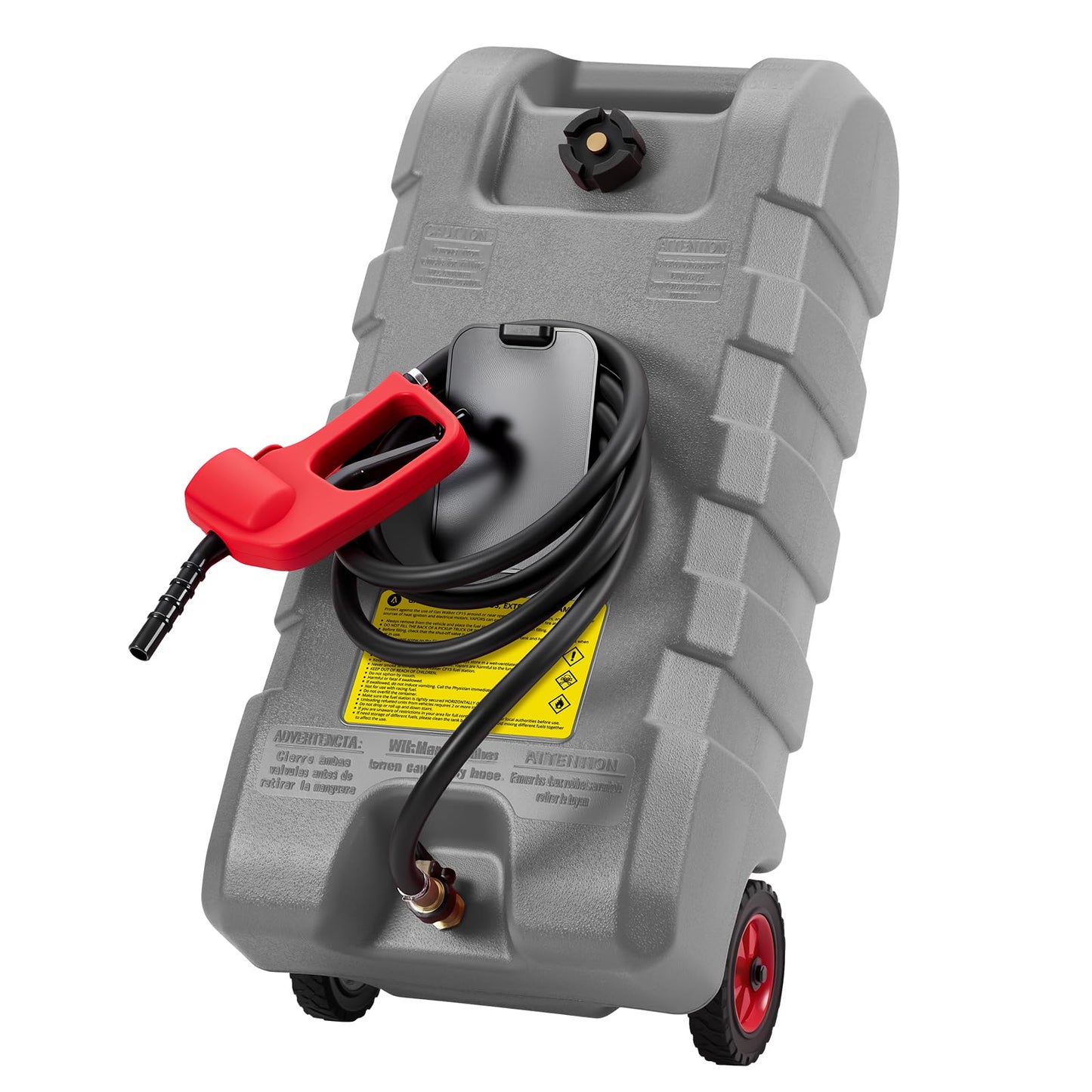 IDEALHOUSE 15 Gallon Gas Can on Wheels, Heavy Duty Portable Fuel Caddy with Manual Transfer Pump, 10 Foot Reinforced Hose, Rotating Nozzle, and Dual Shut-Off Valves, Ideal for Lawn Mowers, Cars, Boats