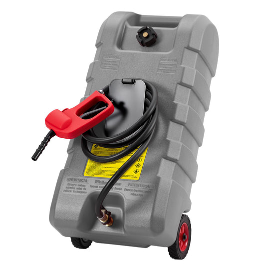 IDEALHOUSE 15 Gallon Gas Can on Wheels, Heavy Duty Portable Fuel Caddy with Manual Transfer Pump, 10 Foot Reinforced Hose, Rotating Nozzle, and Dual Shut-Off Valves, Ideal for Lawn Mowers, Cars, Boats
