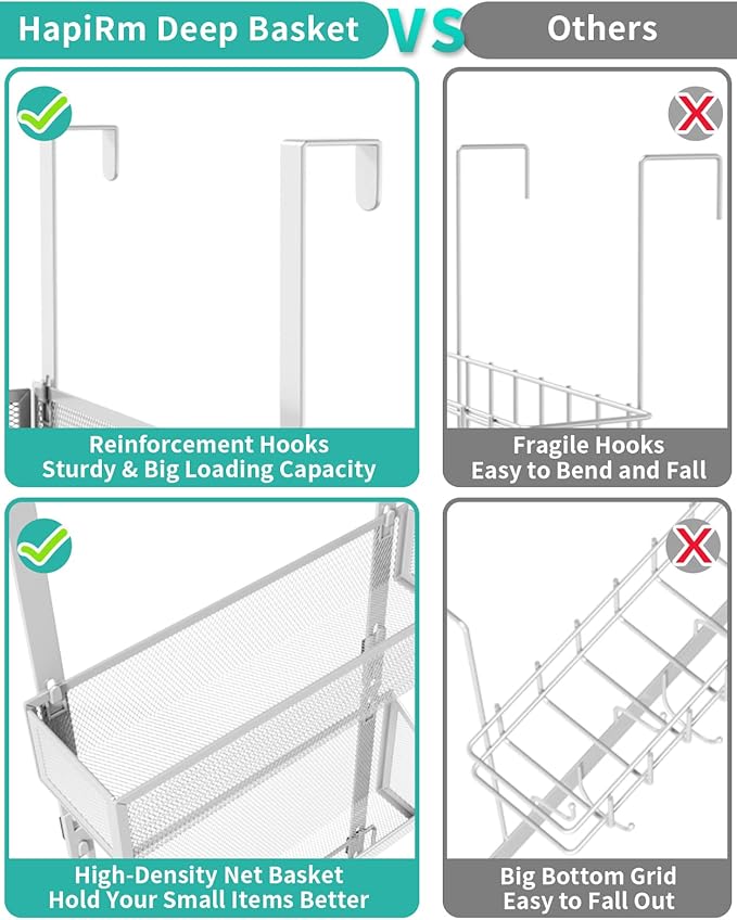 HapiRm Over Door Hook with 2 Mesh Baskets and 9 Hooks, 304 Stainless Steel No Drilling Over The Door Hanger, Storage Organizer for Bathroom, Kitchen, Bedroom-White (for 1.57in Doors)