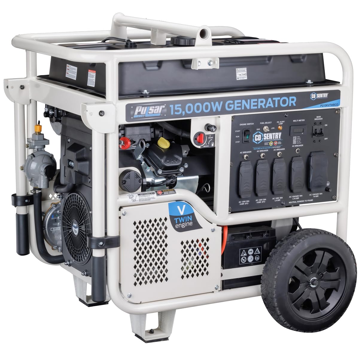 Pulsar PG15KVTWBCO 15,000W Dual Fuel Portable Generator, Gas or Propane, CO Sentry, 713cc V-Twin Engine, Electric Start, 50A Outlet