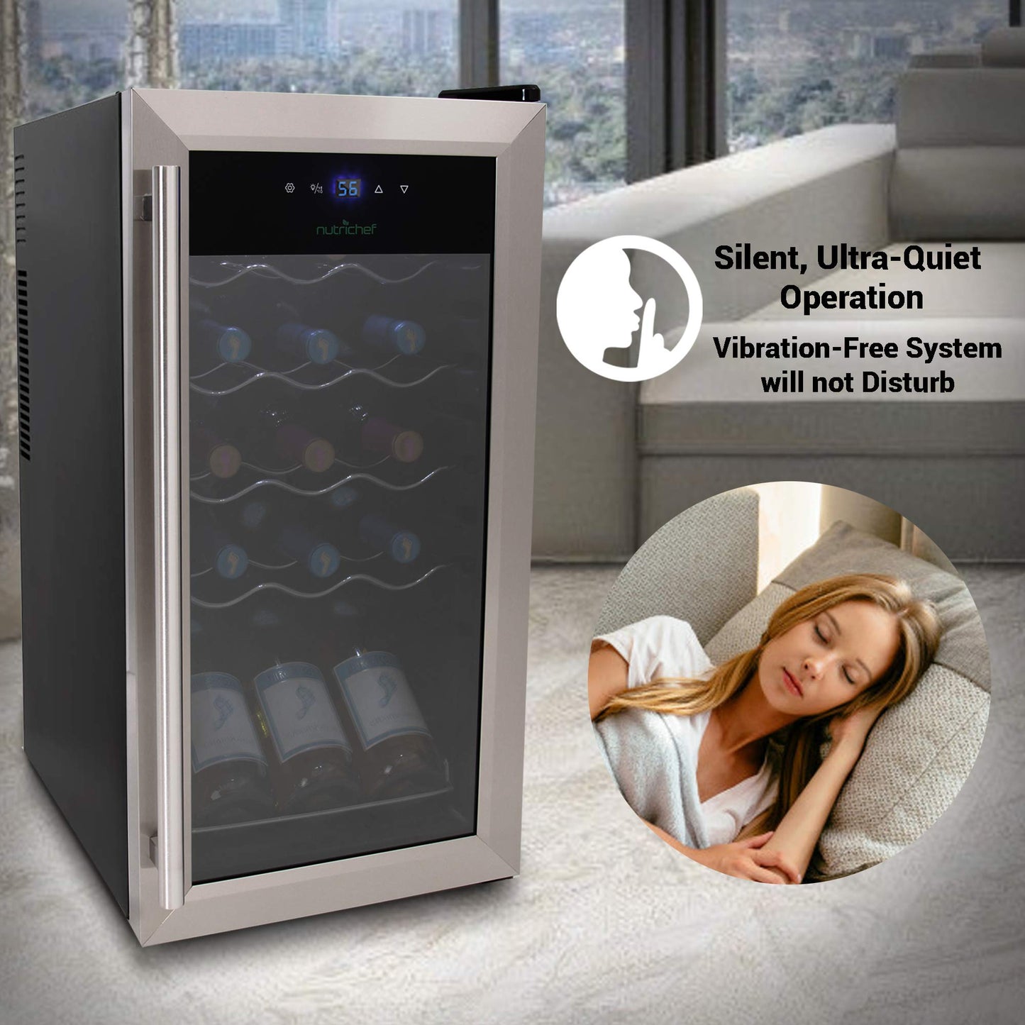 Nutrichef 15 Bottle Wine Fridge Red and White Wine Chiller Adjustable Temp Control 41°F to 64°F Ultra Quiet Operation Mini Wine Cooler Built for Home, Office, Kitchen Counter, 27x13x17 IN
