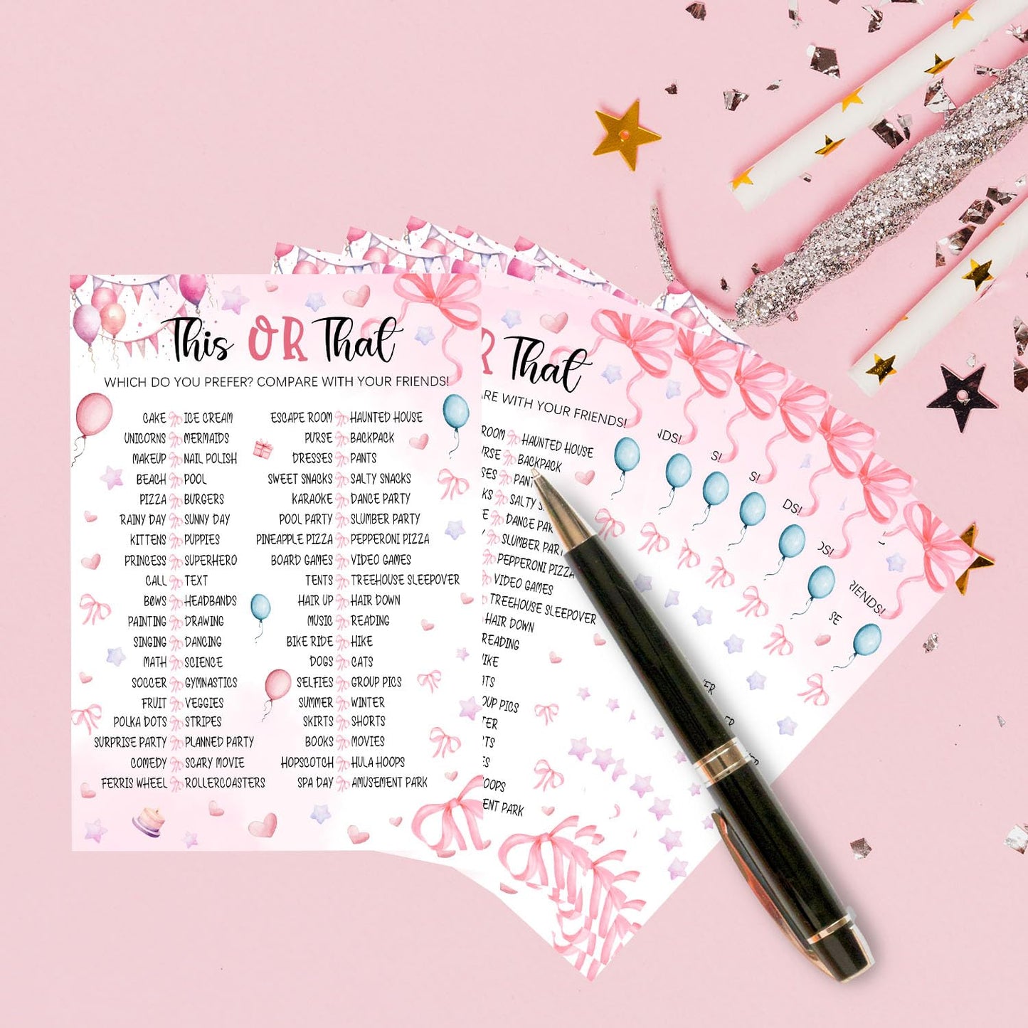 Pink Slumber Party Games Card -Sleepover Stuff- Coquette Pink Bow Themed Sleepover Slumber Party Supplies- Birthday Night Games Creative Idea -This or That- 20 Game Cards
