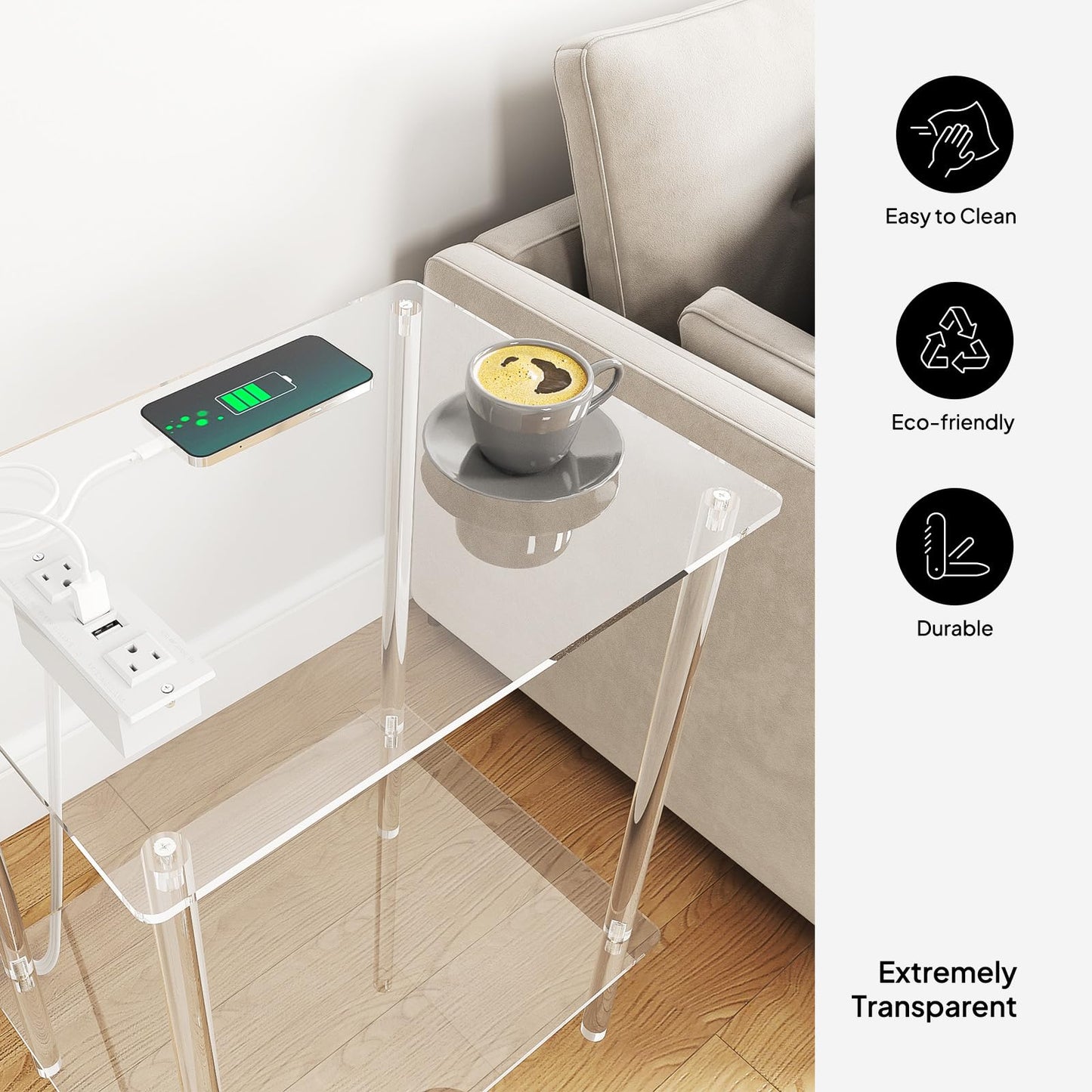 Eglaf Acrylic Side Table Set of 2 with Charging Station & USB Ports - Small End Table - Nightstand Bedside Table for Living Room, Bedroom - 15.7'' L x 11.8'' W x 21.7'' H, 2 Tier