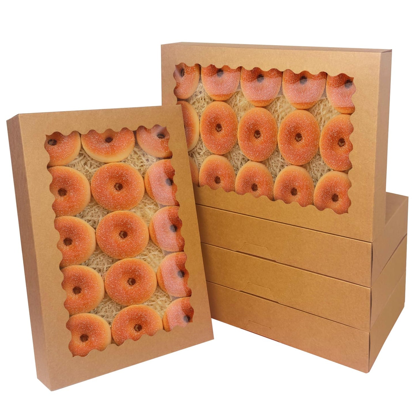 qiqee Auto-pop Up 14x10x2.5 Inch Brown Cookie Box with Window 15Pcs Pastry Macaron Bakery Box for Packaging