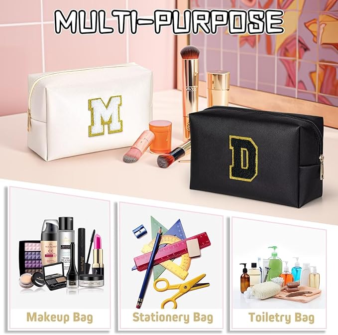 TOPEAST Preppy Makeup Bag, Small Cosmetic Travel Bags for Women, PU Leather Waterproof Toiletry Bag with Zipper, Personalized Birthday Gift for Women Girl, Preppy Gifts for Girl (Black Y)