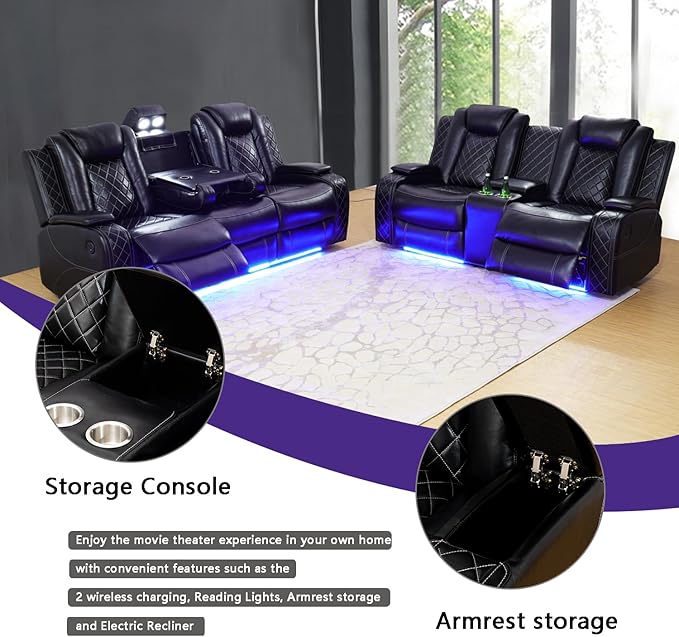 A Ainehome Luxury Furniture Sets Power Recliner Sofa Set Recliner Leather Sofas Loveseat Chair for Living Room Furniture/Small Space/Rv/House/Office/Theater Seating (F-Black,Sofa+Loveseat)
