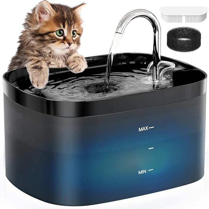 Cat Water Fountain, 84OZ/2.5L Cat Fountain, Super Silent Pet Water Fountain, Activated Carbon Filter, Translucent Pet Wate...
