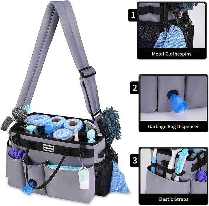 Large Cleaning Caddy Organizer with Handle, Sponge Shoulder Strap Cleaning Supplies Organizer with Foldable Dividers Zipper Pocket Cleaning Supply Caddy for Cleaners Housekeepers