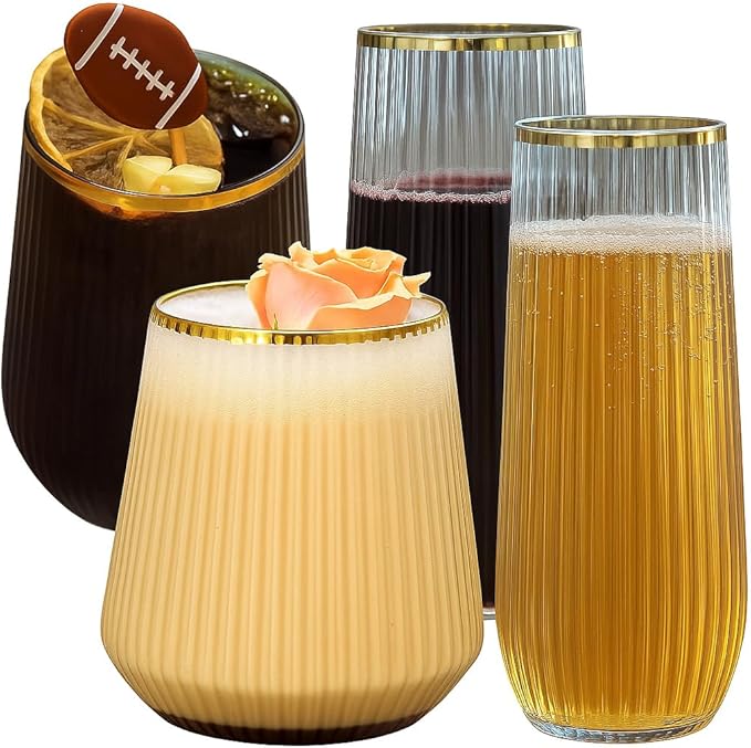 48 Pack Ribbed Origami Ripple Plastic Glasses, 24 9 Ounce Stemless Champagne Flutes & 24 12 Ounce Cups, BPA-Free Disposabl...