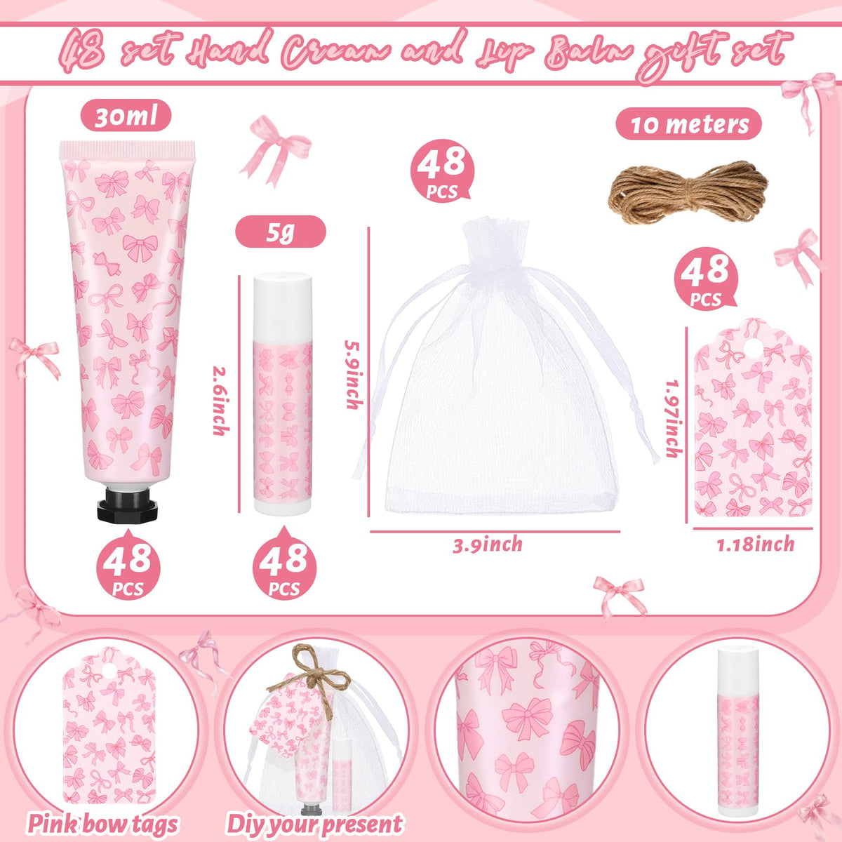Swiffen 48 Sets Pink Bow Baby Shower Favors Bulk Coquette Baby Shower Gifts for Guests Include 48 Hand Cream and 48 Lip Balm Pin