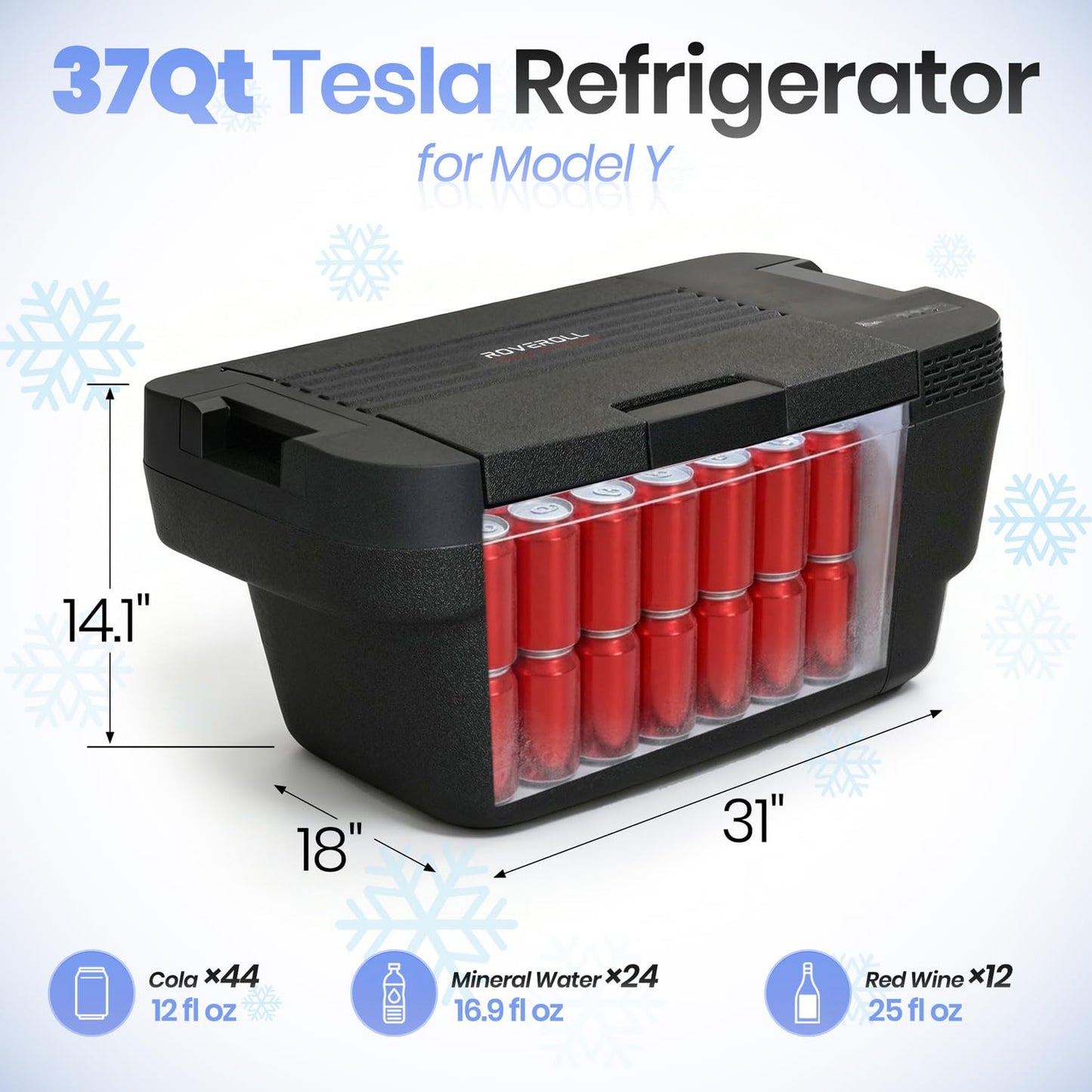 ROVEROLL Tesla Cooler Model Y, 37 Quart Portable Car Refrigerator Trunk Fridge Freezer with App, Control Panel, LED Light, 12/24V DC&120~240V AC, for Tesla, Home, Outdoor, Camping, -4℉~68℉