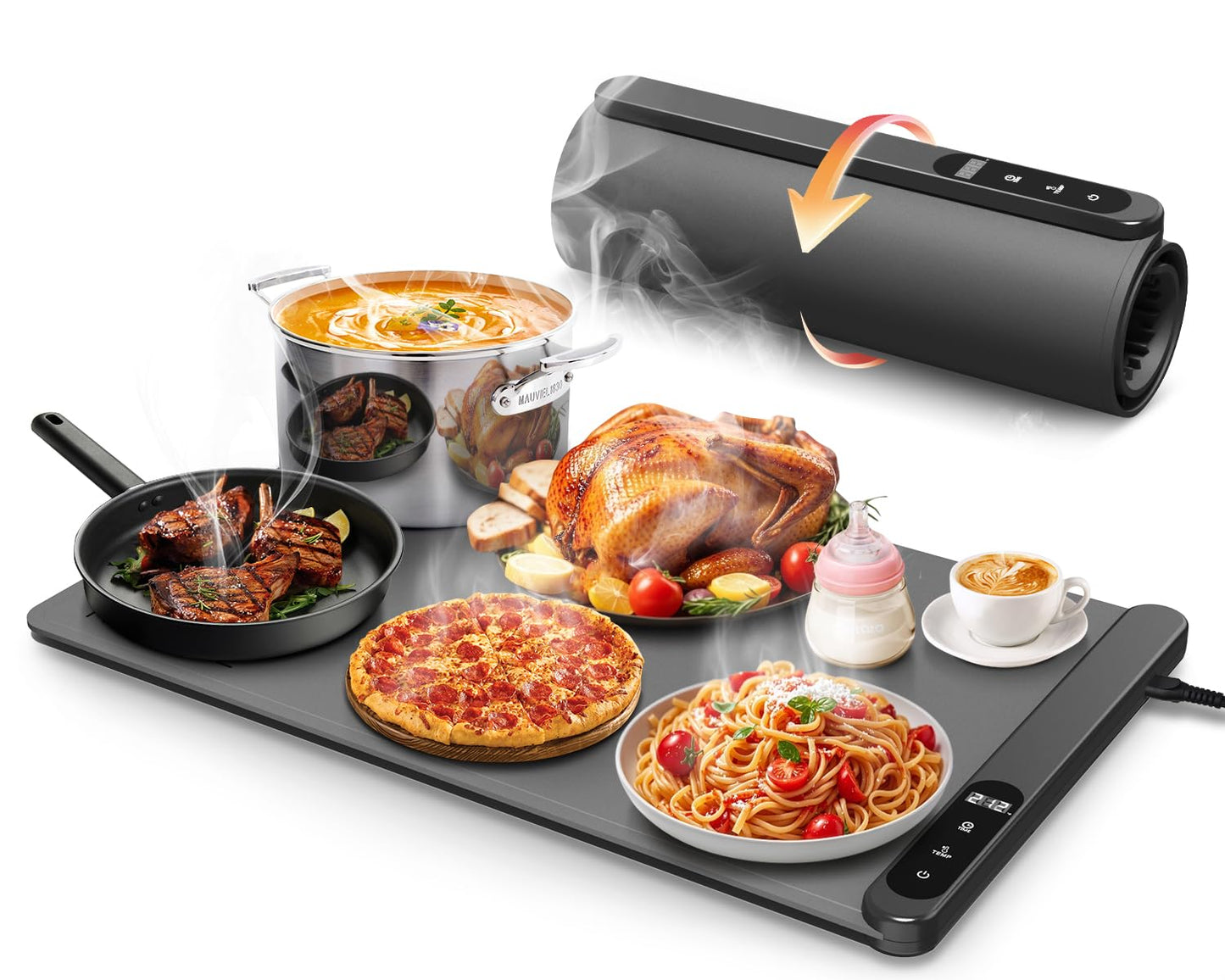 Food Warming Mat, Electric Warming Tray with 6 Level Temperature Settings,6 Hours Timer, Graphene Rapid Heating, Auto Shut-Off, Roll Up Food Warmer for Buffets Party, Countertop,Gatherings