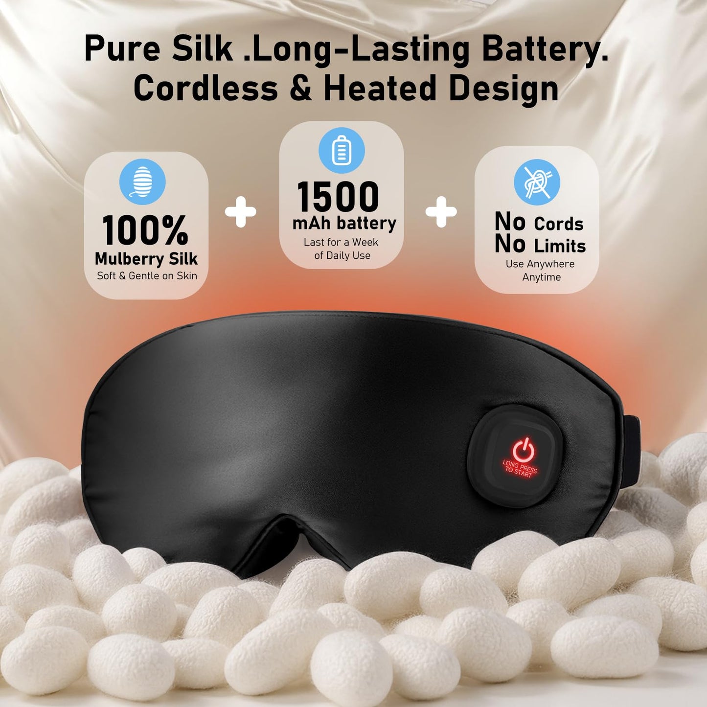 LitBear Heated Eye Mask, Silk Cordless Warm Eye Compress for Dry Eyes, Light Blocking Heat Eye Mask for Women Men, Soft Eye Heating Pad for Dry Eyes, Travel, Rechargeable, Washable Cover (Black)