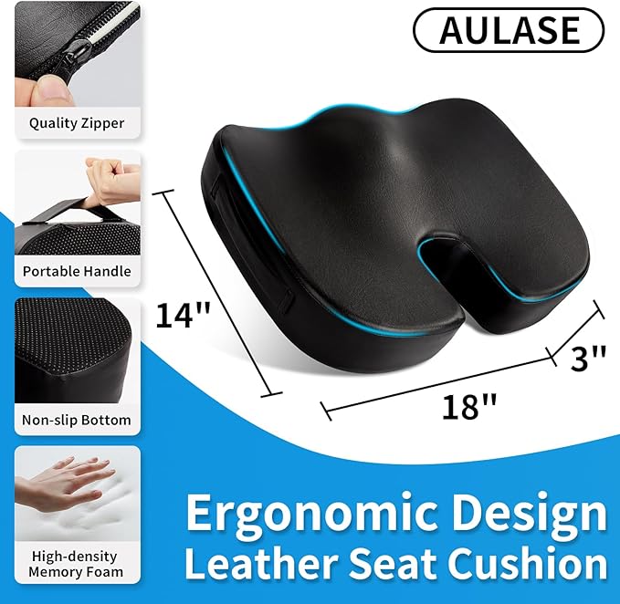Aulase Luxury Seat Cushion, 3 Inch Thick Memory Foam for Pressure Relief, Sciatica, Tailbone Pain & Back Pain Relief, Multi-Use for Bleachers, Car, Gaming, Office Chair