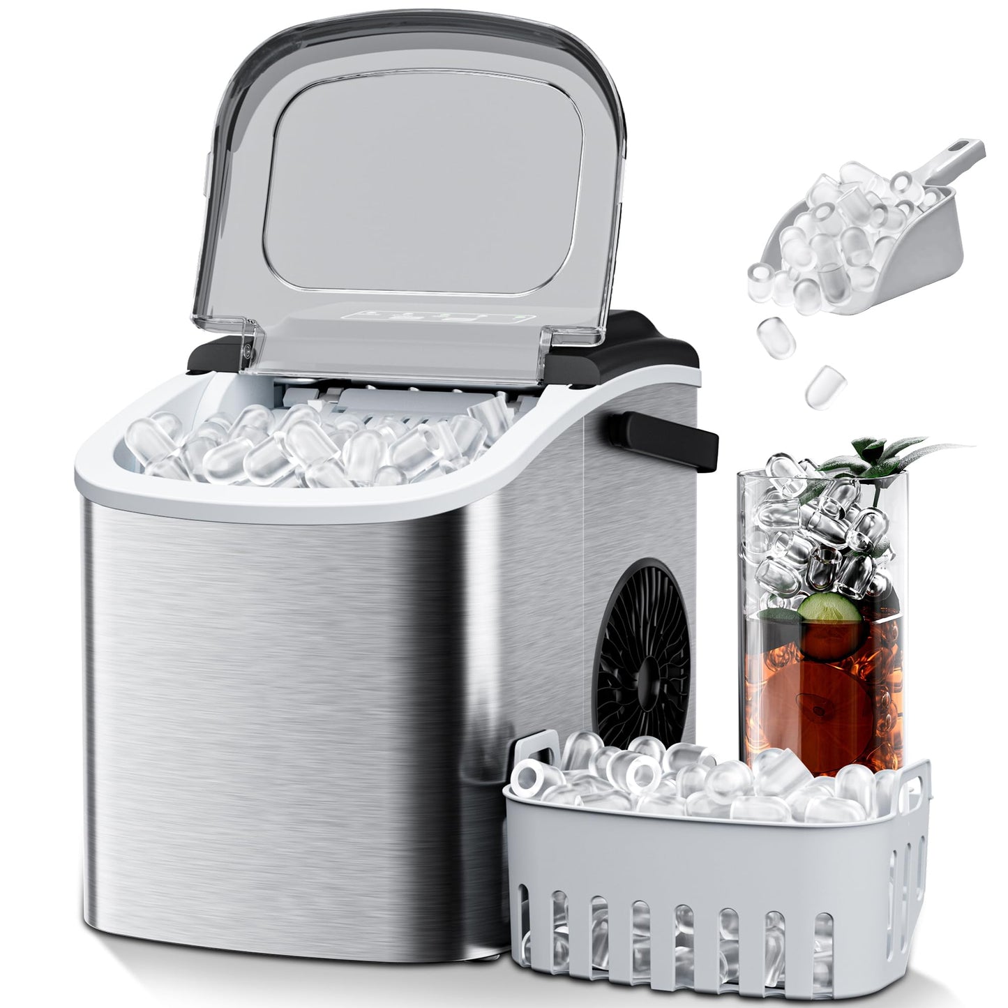 Countertop Ice Maker 26lbs/24H Portable Ice Machine with 2 Sizes of Ice Cubes, 9 Ice Cubes in 8 Mins, Stainless Steel Design Ice Scoop & Basket Included Self-Cleaning for Home, Kitchen, Bar, RV