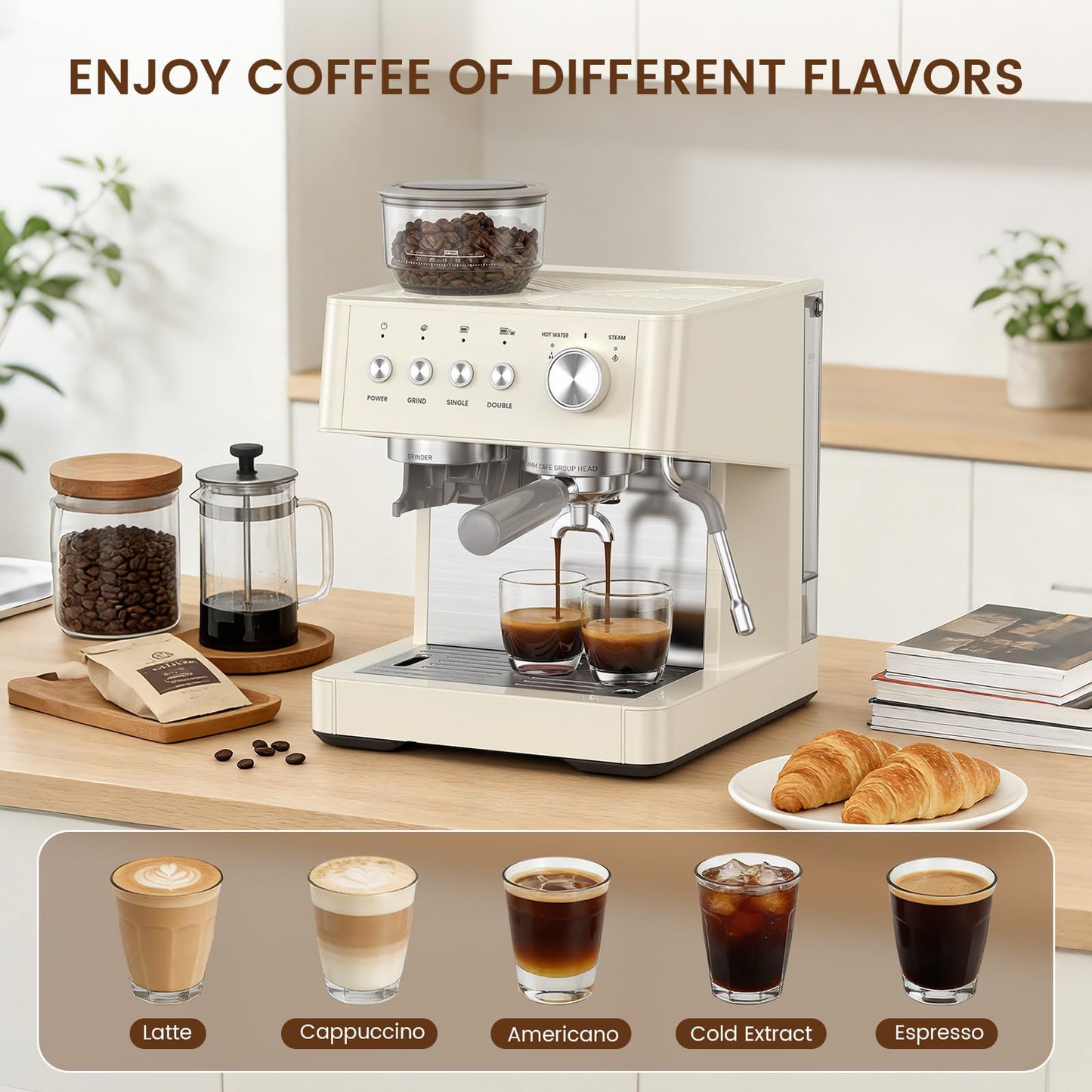 Kismile 20-Bar Espresso Machine with Grinder, Expresso Coffee Machines Coffee Maker with Grinder, Milk Frother/Steam Wand & Tamping Tools for Cappuccino & Latte