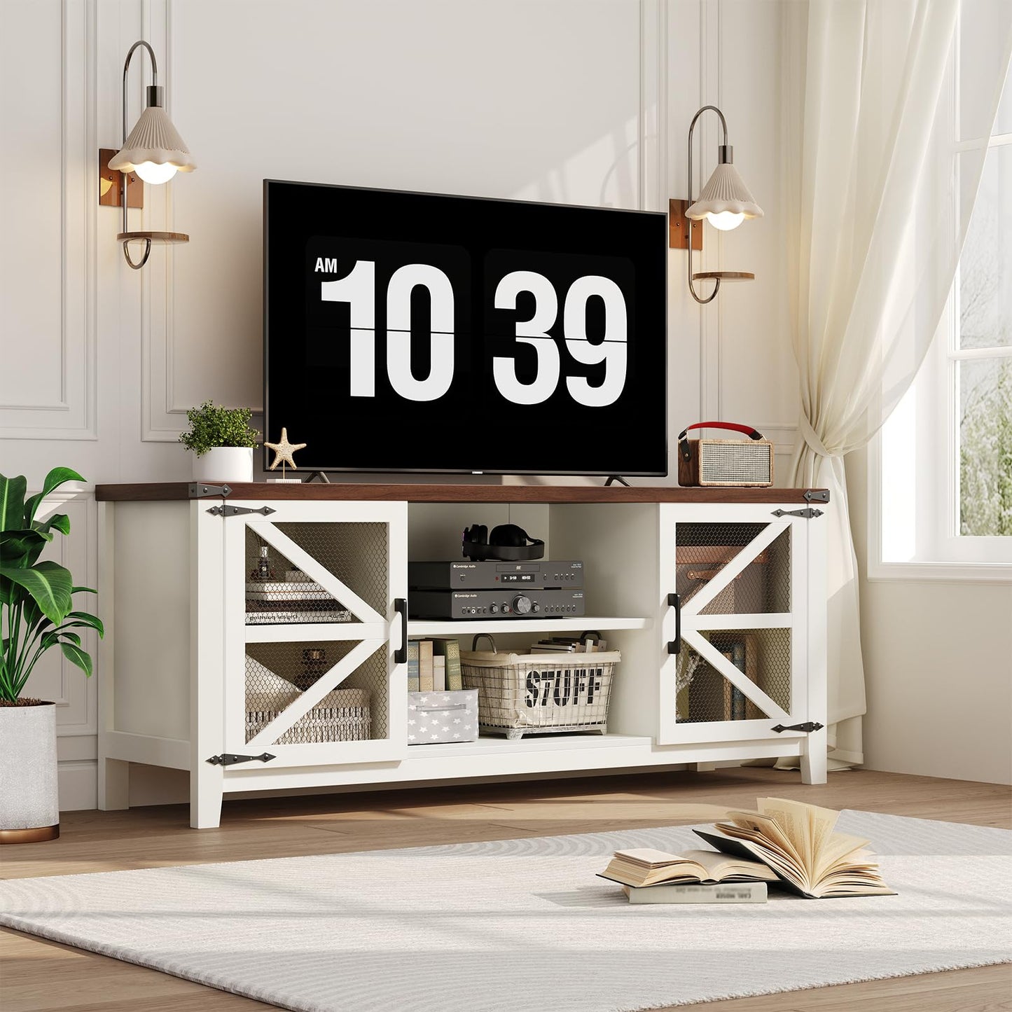 Jocoevol Tv Stand for 55 65 Inch Tv, Farmhouse Entertainment Center Tv Console with Storage & Adjustable Shelves & Mesh Door for Living Room, Bedroom, White