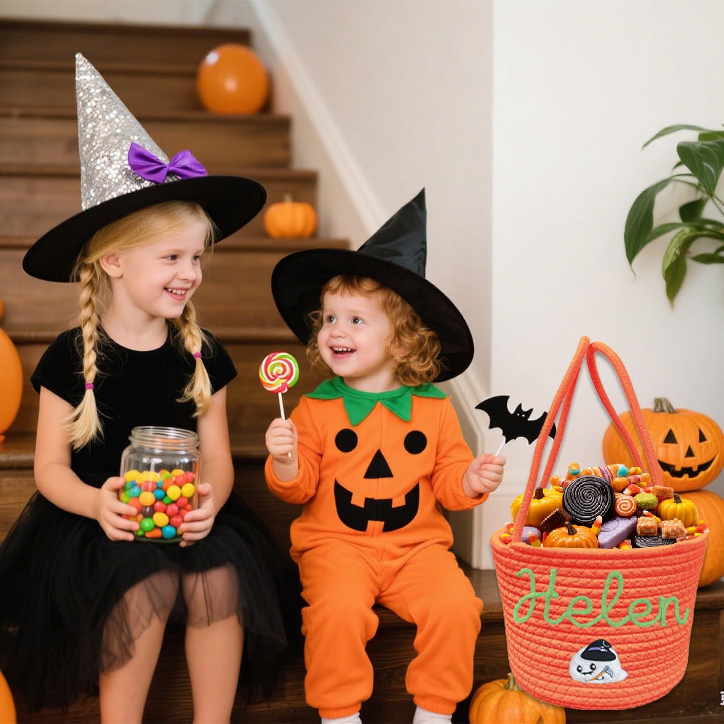 Personalized Halloween Basket Trick or Treat Bag Customized Name Custom Halloween Candy Buckets Gift for Boys Girls,Blue