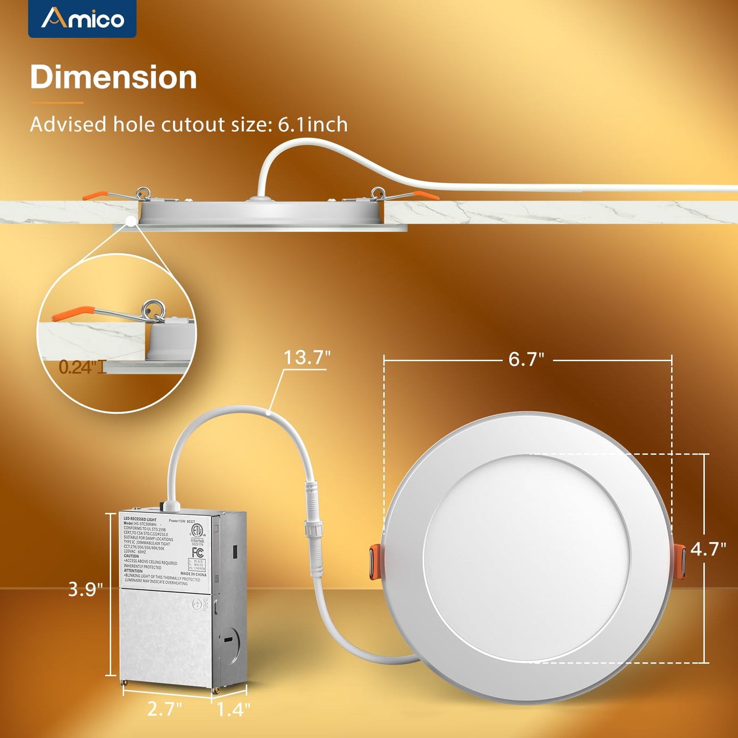 Amico 24 Pack 6 Inch 5CCT LED Recessed Ceiling Light with Night Light, 2700K/3000K/3500K/4000K/5000K Selectable Ultra-Thin Recessed Lighting, 12W=110W, 1100LM, Dimmable Canless Wafer Downlight ETL&FCC