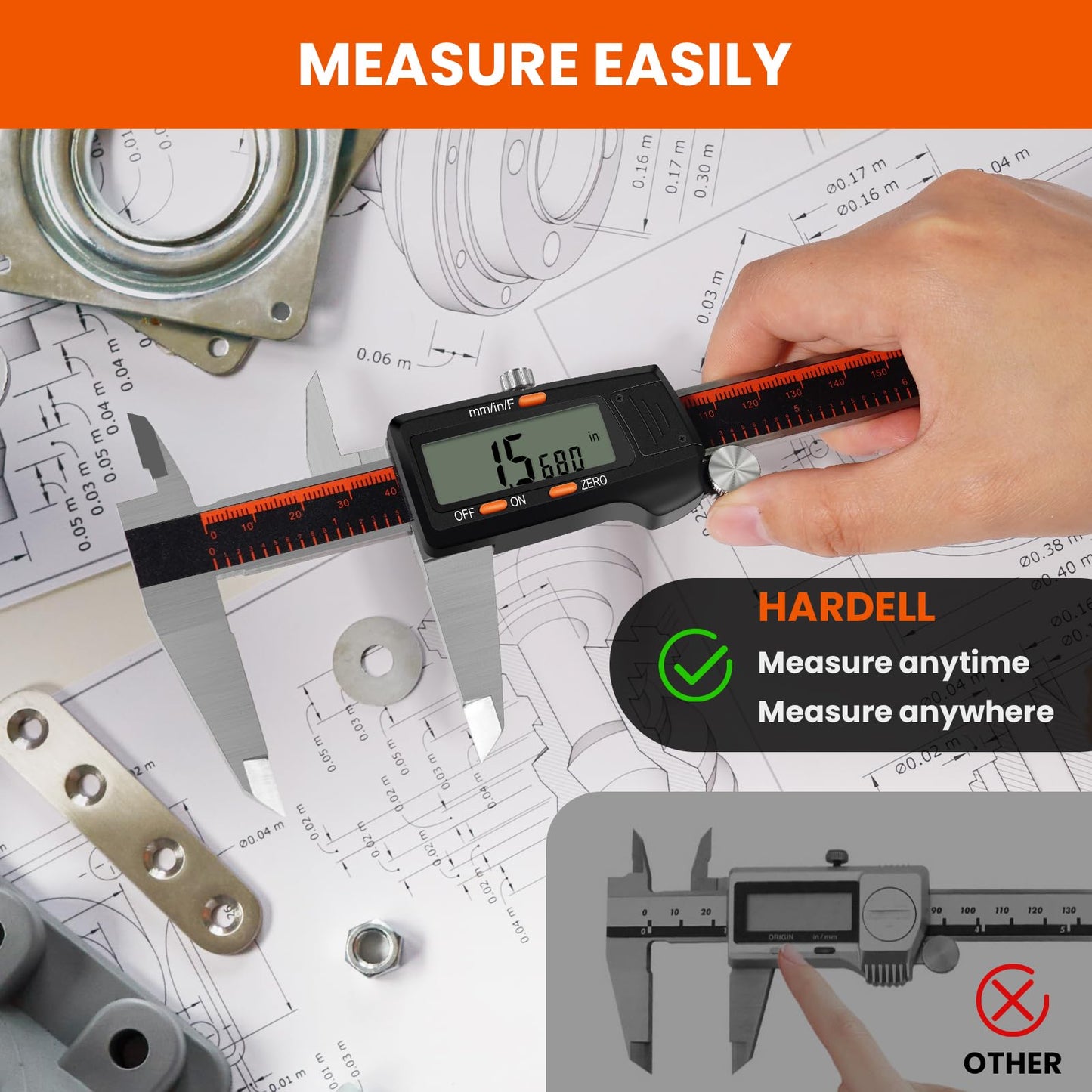 HARDELL Digital Caliper, 0-8 Inch Measuring Tool Large LCD Screen,Stainless Steel,Auto-Off,Inch/Fractions/Millimeter Waterproof Caliper Digital Micrometer for DIY/Household/3D Printing