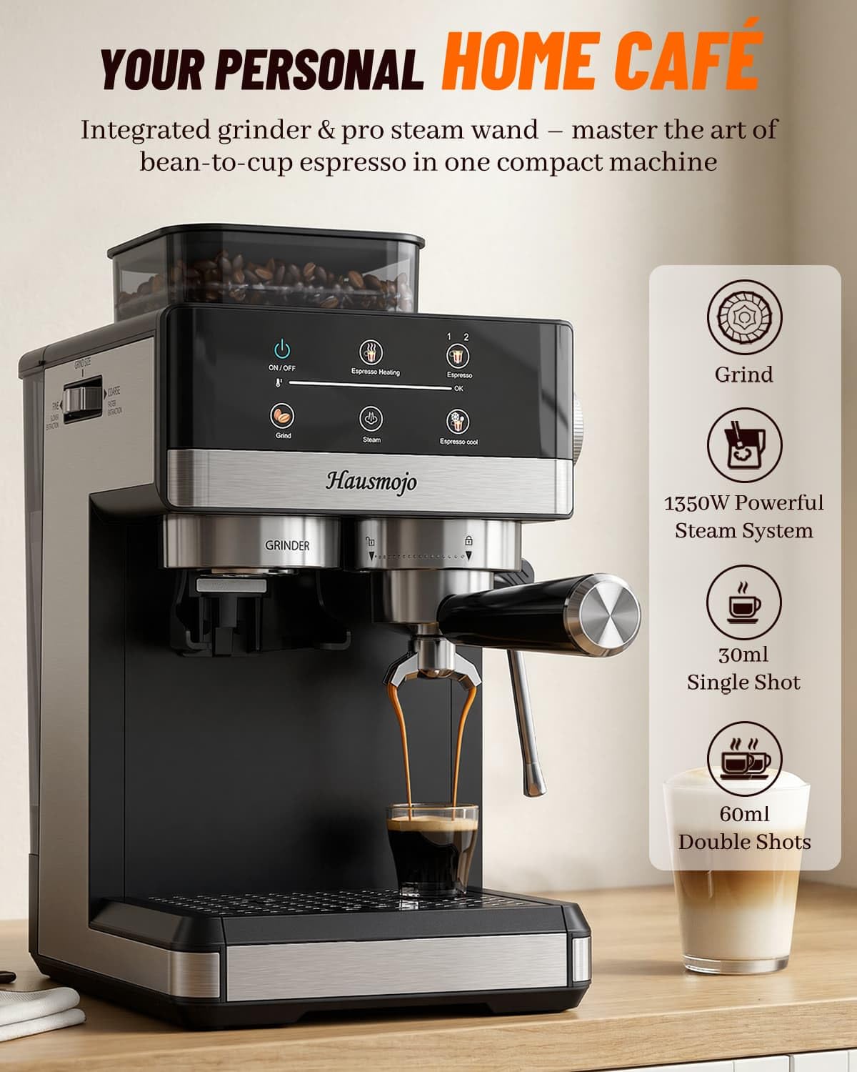 Hausmojo Espresso Machine with Grinder, 20Bar Expresso Coffee Machines with Milk Frother, Professional Compact Stainless Steel Coffee Maker for Espresso, Latte & Cappuccino, Perfect for Home Use