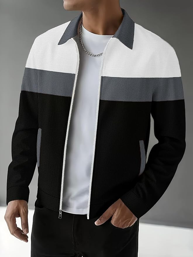 Men’s Casual Colorblock Jacket, Lightweight Waffle Fabric with Full Zip, Durable Outerwear with Pockets, Lapel Collar