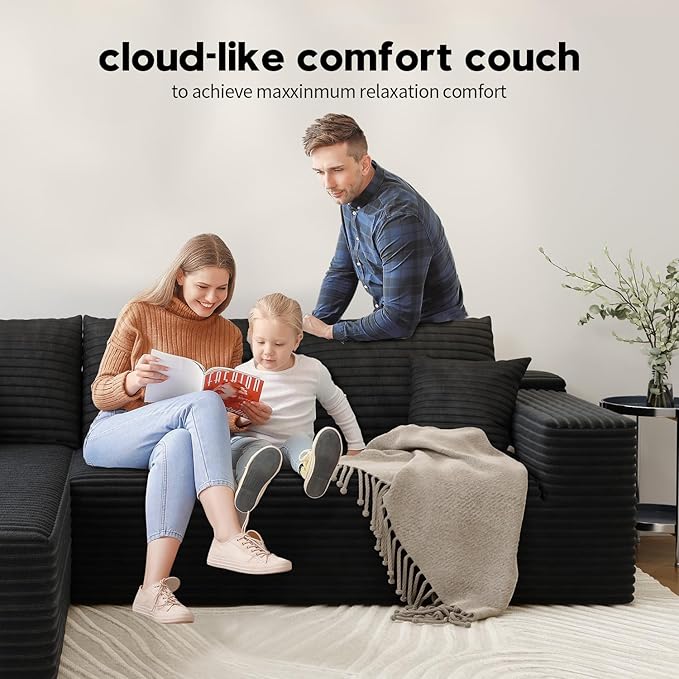 139.4" Modular Sectional Sofa, U-Shaped Minimalist Couches with Ottoman and Middle Seat, Modern Deep Seat Convertible Sleeper Sofa Bed, Reversible Chaise, Cloud Plush Corduroy Fabric,6 Seater, Black