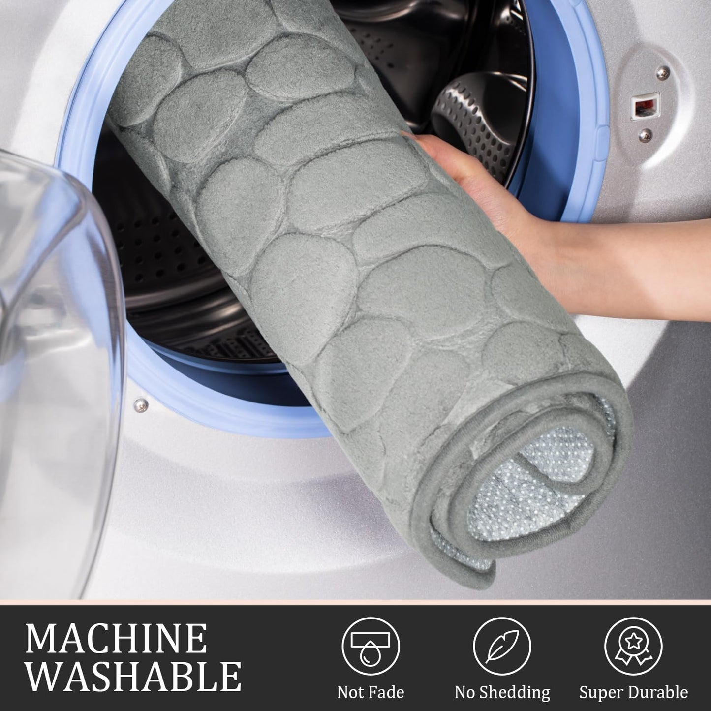 YIHOUSE Bathroom Rugs Sets 5 Piece, Cobblestone Memory Foam Bathroom Mats Set Extra Thick, Non Slip Bath Mats for Bathroom, Water Absorbent, Washable Light Grey Bath Rugs for Tub, Toilet and Floor