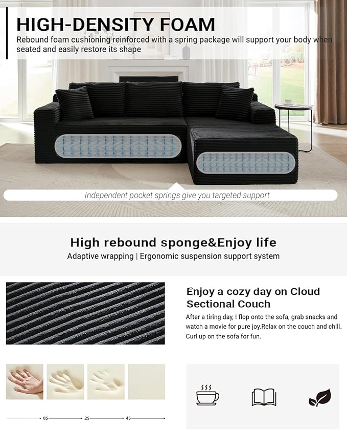 Vanress Cloud Couch Sectional, Corduroy Boneless Couch with L-Shape Chaise, Modern Modular Sectional Sofa Comfy Deep Seat for Living Room, Bedroom, No Assembly (Black, Right Facing Chaise)