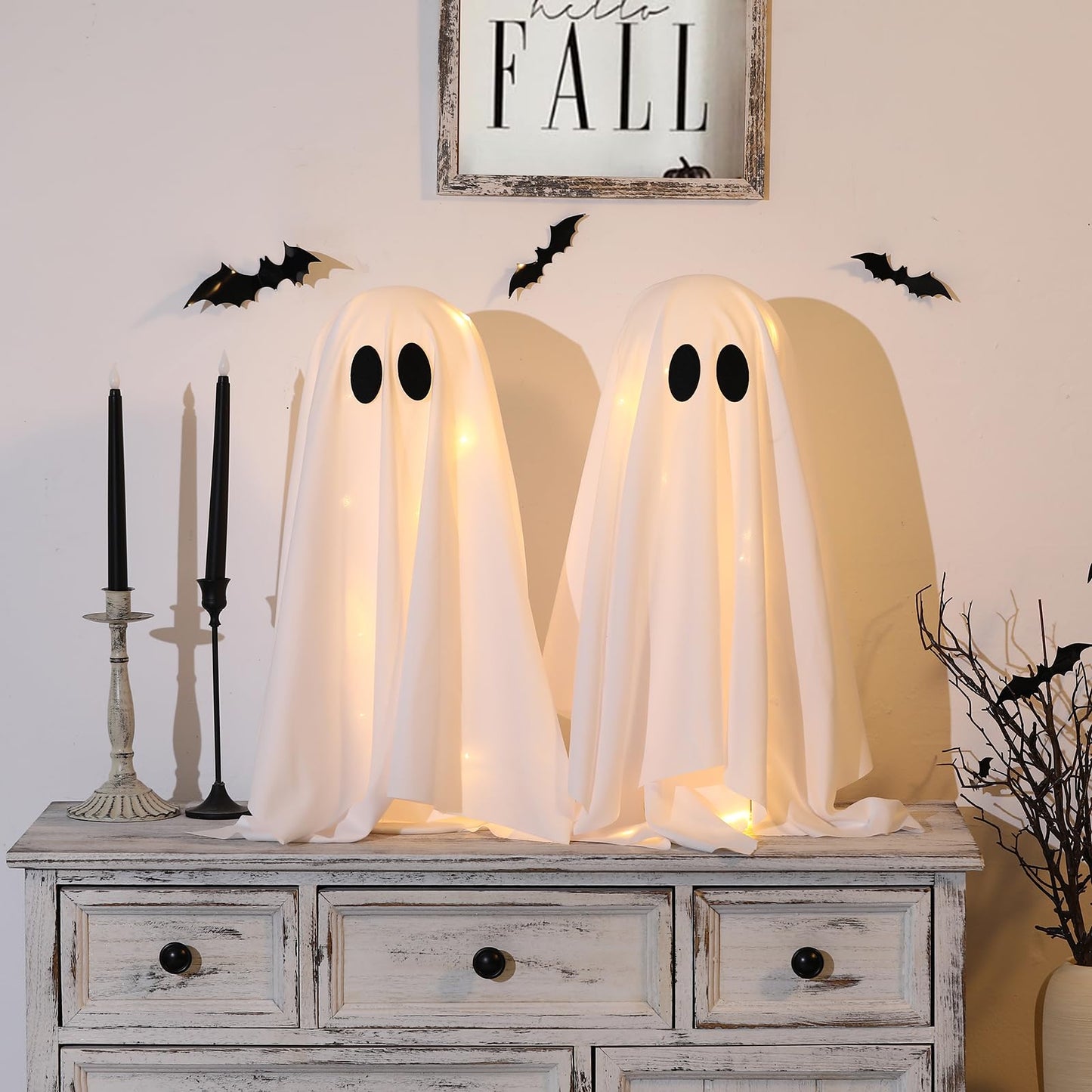Halloween Decorations -2 Packs Spooky Ghosts with String Lights-Scary Ghost for Halloween Decor Indoor Party Home Table Room Kitchen and Fireplace Decor