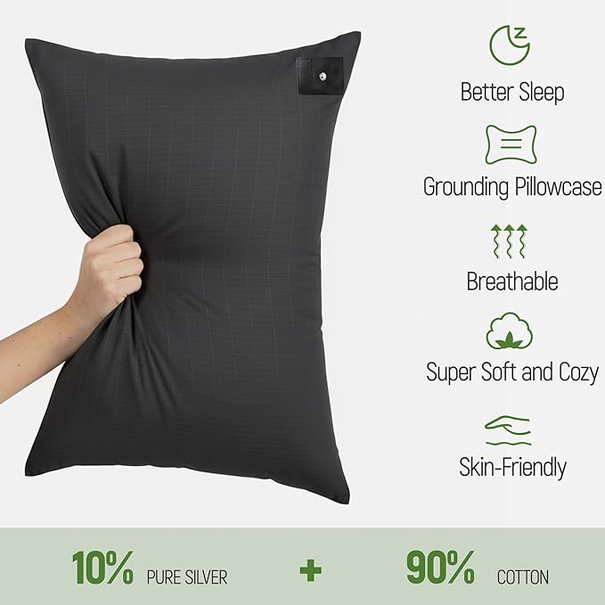Groundingtop 1PC Grounding Pillowcase 10% Pure Silver Fiber+90% Cotton, Grounding Sheet at Home-Make You Healthier's Earth Connected Pillow Cover with Grounding Cord Included (Black, 20x30in)