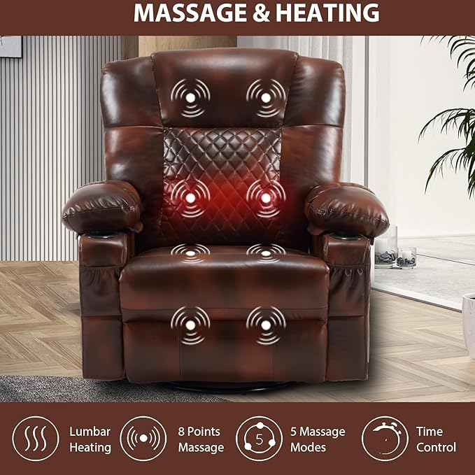 Comermax Massage Recliner Chair with Heat, 360° Swivel Rocker Recliner Chair with Cup Holders, 150° Recline PU Leather Recliner for Living Room, Brown