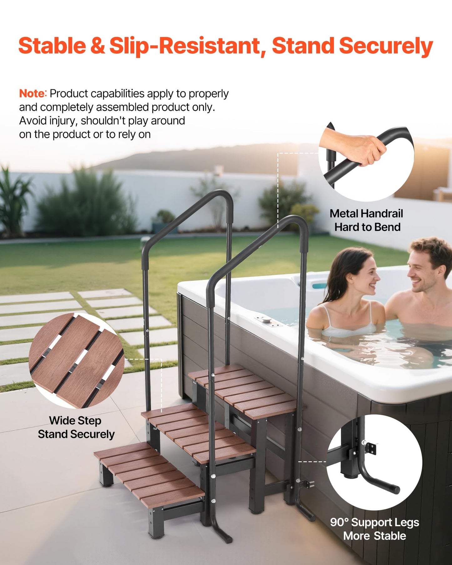 VEVOR Hot Tub Steps with Handrail, 3-Step Spa Outdoor Stairs, Heavy Duty 25.2 inch Wide Above-Ground/Inflatable Pool Step with 550 lbs Weight Capacity, Multi-Use for Porch, Patio, Deck, Trailers