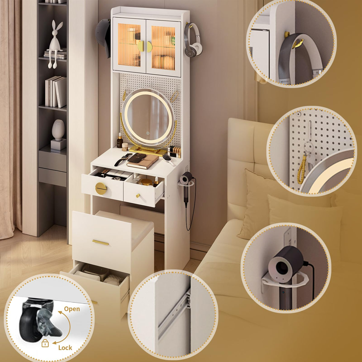 Karl home Small Makeup Vanity Desk with Mirror and Lights, Makeup Table with Charging Station & DIY Pegboards for Small Space, Compact Mini Vanity Set with Hidden Storage Stool for Bedroom, White