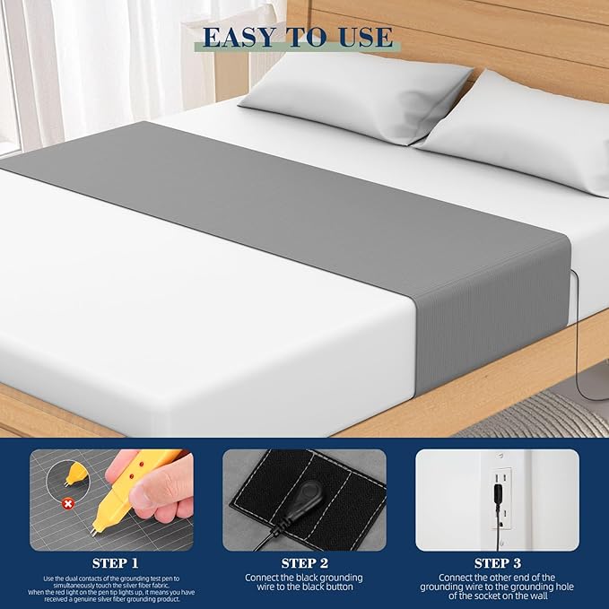 Grounding Sheets, for All Mattress Size, 90% Organic Cotton+10% Pure Silver Fiber, Earth Connected, Healthy Sleep, with Static grounding Cord and Test Pen (Gray, 105 * 23.2 inch)