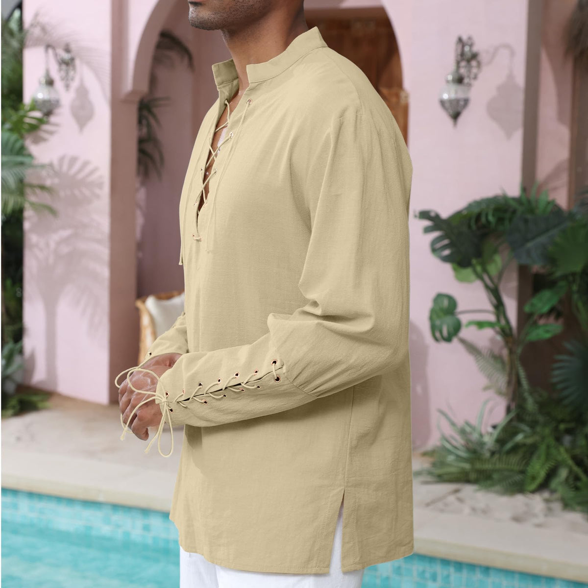 Men's Cotton Linen Shirt Drawstring Arm Banded Tops Medieval Viking Pirate Renaissance Halloween Costume KHAKI M